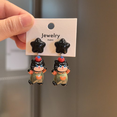 沐琪手作 可爱猫咪耳饰女卡通秋冬款耳饰萌趣动物耳钉无洞耳夹