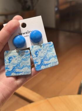 （满9.9包邮）春夏蓝色系油画感印花耳环蓝白相间海浪花气质耳钉