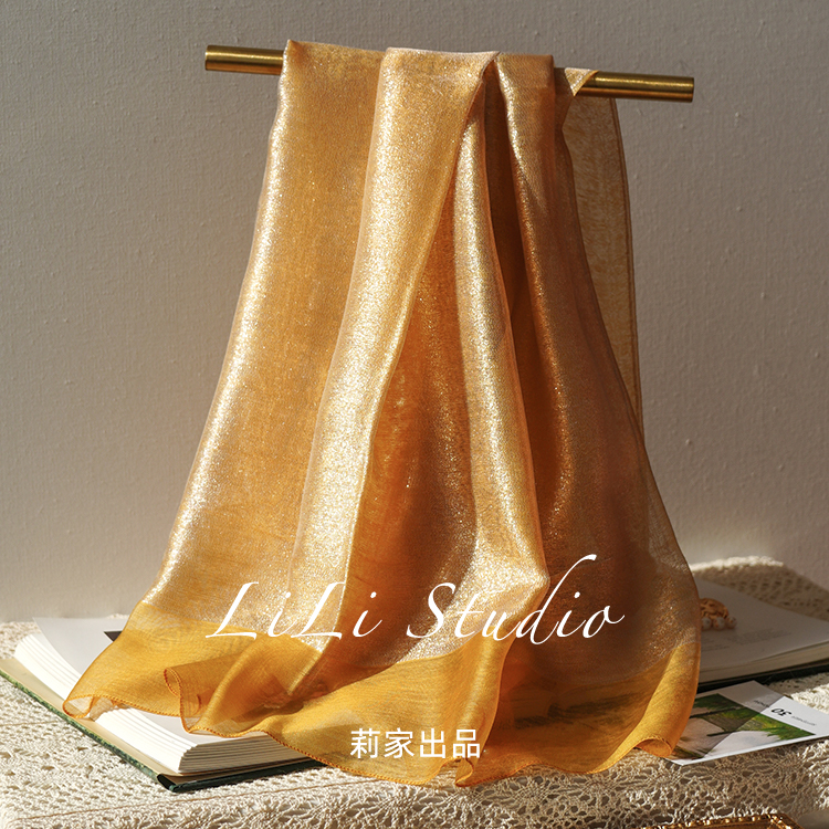 柔软型双层金色闪金围巾百搭披肩真丝礼服高级感旗袍外搭女夏披巾
