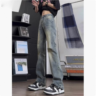 复古蓝牛仔裤直筒窄版美式vibe裤子男款春秋高个子加长弯刀微喇裤