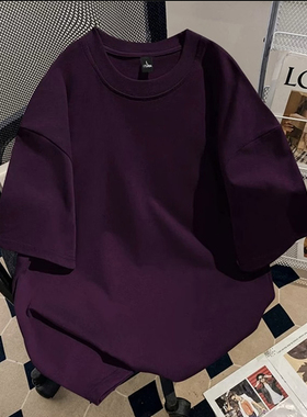 乌梅紫色液氨棉t恤男款300g重磅短袖夏季螺纹领口情侣七分袖汗衫