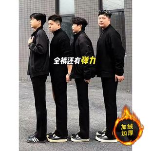 怪兽实验室微辣牛仔裤男秋冬加绒美式高街直筒弯刀柳叶微喇裤学生