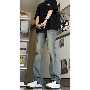 怪兽复古蓝窄版修身弹力牛仔裤男秋冬加绒美式加长版显瘦微喇叭裤