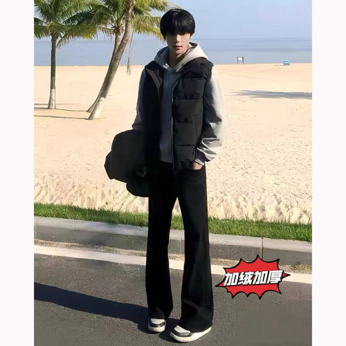 怪兽517黑色牛仔裤男加绒25秋冬美式潮牌Vibe柳叶弯刀微喇叭裤子