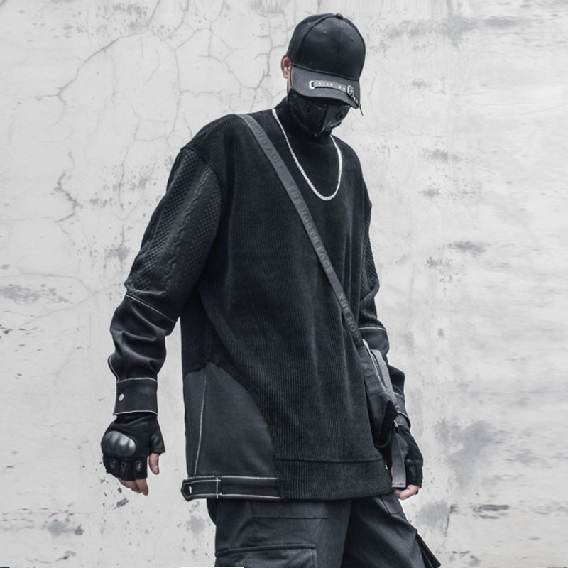小众暗黑设计山本立裁拼接暗纹宽松时尚半高领发型师休闲卫衣男潮