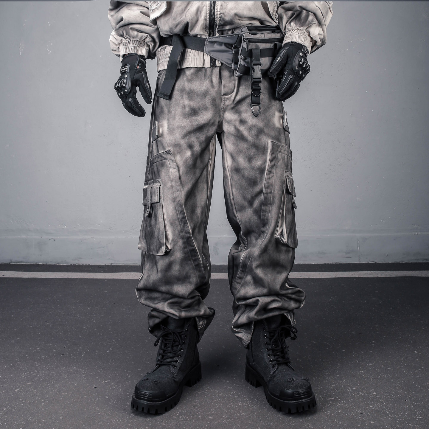 废土风高街做旧脏洗机能工装裤男重工加绒加厚口袋阔腿大码休闲裤