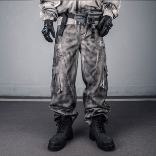 休闲裤 男重工加绒加厚口袋阔腿大码 裤 废土风高街做旧脏洗机能工装