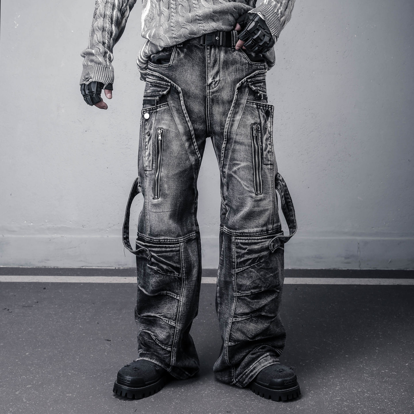 废土美式高街重工机能工装牛仔裤