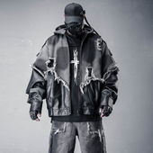 废土风做旧猫须毛边拼接PU牛仔夹克重工机能街头朋克嘻哈连帽外套
