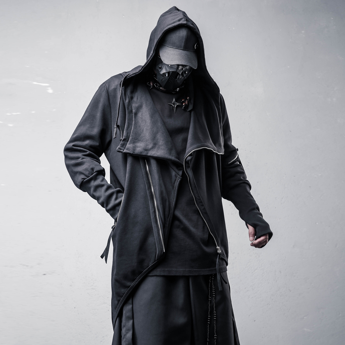 春秋中长款暗黑不对称斗篷外套