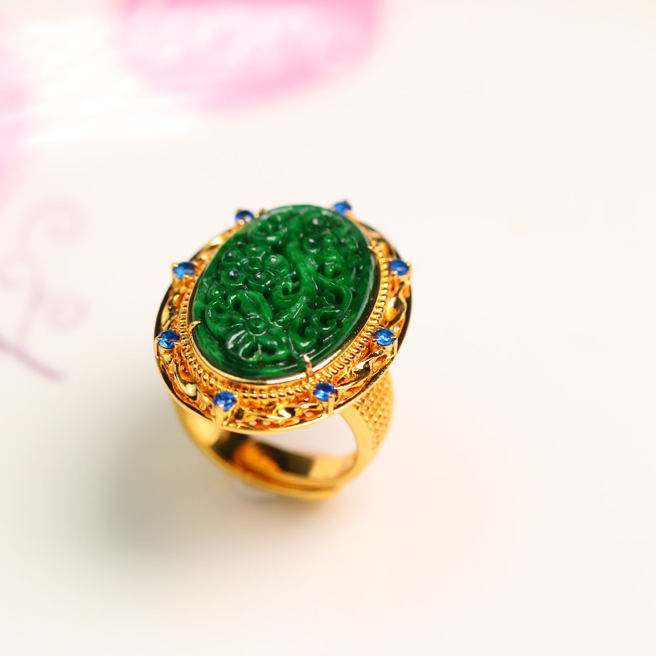 天然A货翡翠雕花开口戒指