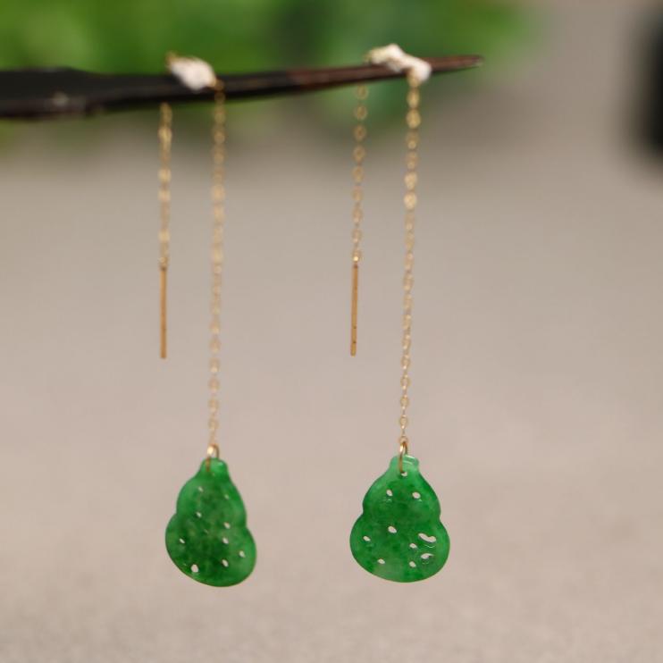 特价#9846一对18K金耳线镶嵌冰种阳绿天然A货翡翠葫芦耳坠