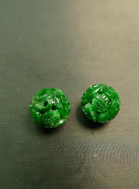 特价#C309一对10.8MM辣绿天然A货翡翠镂空团寿纹雕花圆珠子