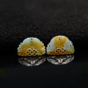 #E873一对冰种飘黄翡天然A货翡翠古钱币纹双鱼吊坠耳坠花片裸石