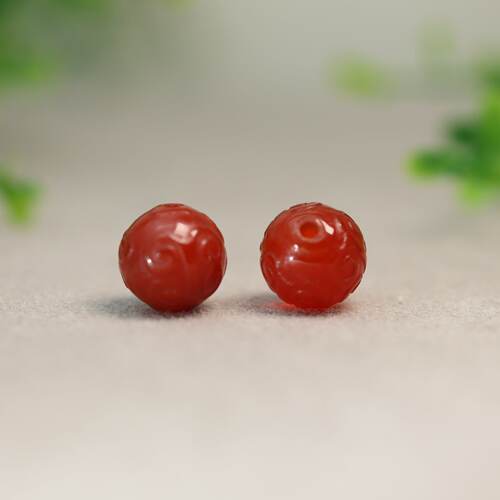 一对红色老玛瑙祥云雕花珠子