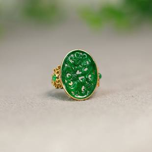 #L143 18K金镶嵌满色辣绿缅甸天然A货翡翠镂空雕花戒指古风女戒