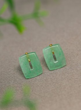 #G704 18K金镶嵌冰种绿色天然A货翡翠方块糖福贝耳钉耳饰