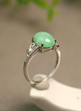 特价#H181 S925银镶嵌阳绿天然A货翡翠椭圆形蛋面女士活口戒指