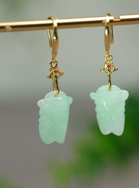 #F777 冰种淡绿色天然A货翡翠玉蝉一鸣惊人知了耳坠 S925银镶嵌