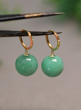 #G264 18K金镶嵌满绿天然A货翡翠珠子耳坠耳环  耳圈款