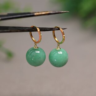 耳圈款 18K金镶嵌满绿天然A货翡翠珠子耳坠耳环 G264