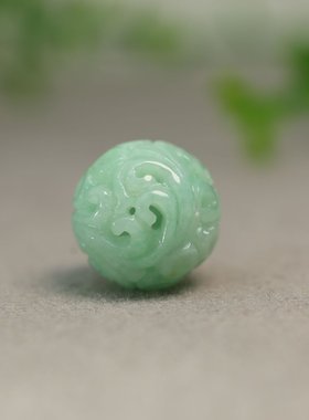 #J639绿色缅甸天然A货翡翠镂空龙纹雕花大珠子 佛珠顶珠吊坠