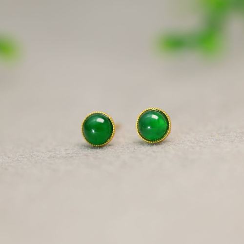 满绿天然A货翡翠圆形蛋面耳钉
