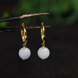 H366白冰天然A货翡翠珠子耳坠耳饰S925银镶嵌