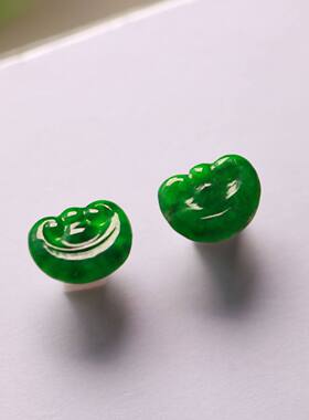 #B491 一对冰种满色辣绿天然A货翡翠如意头 镶嵌耳钉裸石