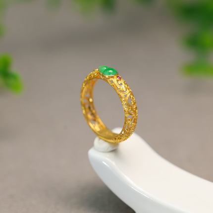 #I559 18K金花丝工艺镶嵌冰种满绿天然A货葫芦戒指指环
