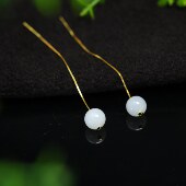 K861 S925银耳线镶嵌白冰天然A货翡翠素面圆珠子耳坠耳饰