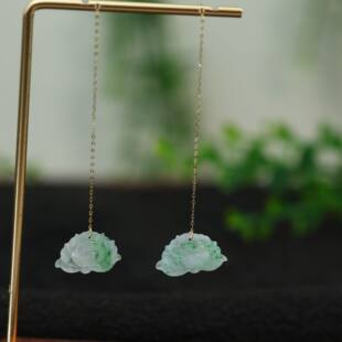 18k金冰种飘绿花缅甸天然A货翡翠莲花耳坠耳饰 K854