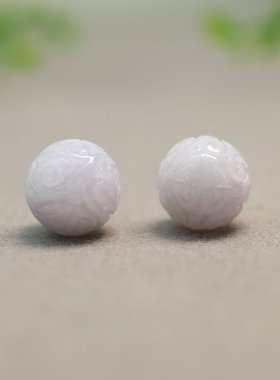 #I707一对淡紫色天然A货翡翠珠子 团寿龙纹雕花圆珠