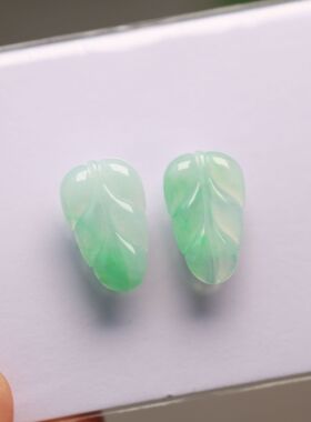 #K419一对冰种飘阳绿缅甸天然A货翡翠树叶子花片裸石