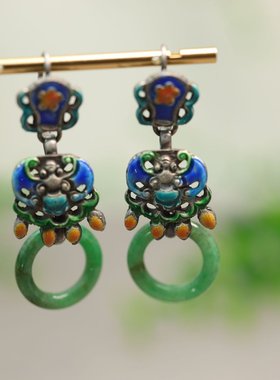 #F482老银烧蓝蝙蝠镶嵌满绿缅甸天然A货翡翠小环耳坠古风耳环