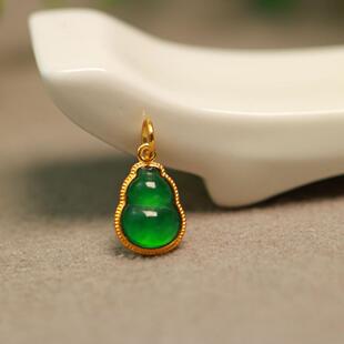 特价 18K金镶嵌老坑冰种满绿天然A货翡翠葫芦小吊坠坠角 D229