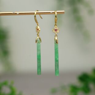 满绿缅甸天然A货翡翠翎管耳坠S925银镀金镶嵌耳钩款 耳饰 J913