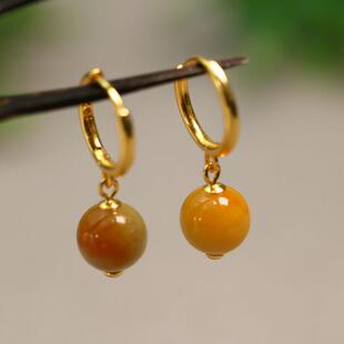 特价#9245一对S925银镀金镶嵌冰糯种天然黄翡珠子耳坠耳环 耳扣款