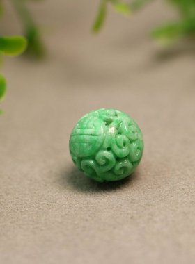 特价#H347 14.7MM满绿天然A货翡翠团寿龙纹雕花圆珠子 佛珠顶珠