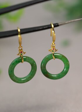 #F433一对S925银耳钩镶嵌冰种满绿天然A货翡翠小环耳环耳坠