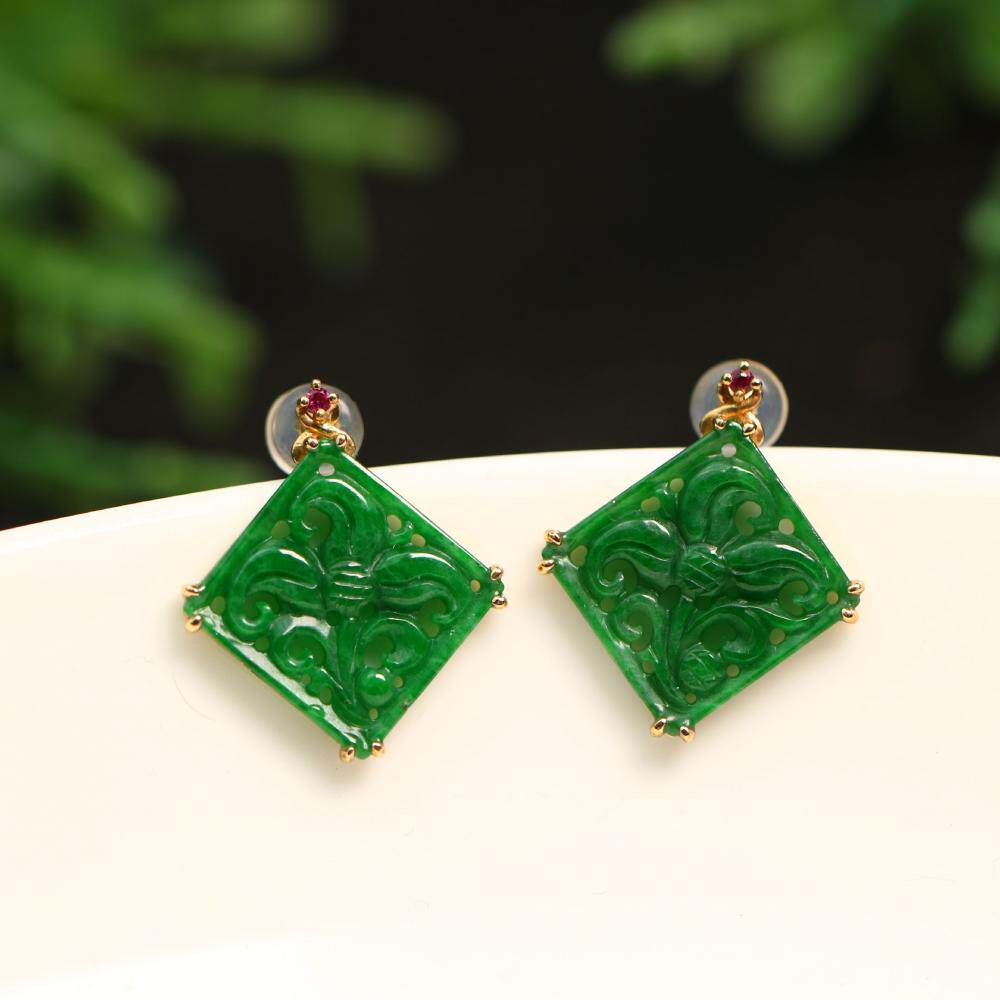 特价#6362一对18K金镶嵌满色辣绿天然A货翡翠镂空雕花耳钉