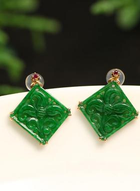 特价#6362一对18K金镶嵌满色辣绿天然A货翡翠镂空雕花耳钉