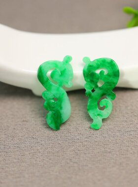#I924一对辣阳绿缅甸天然A货翡翠龙纹雕花耳坠花片裸石
