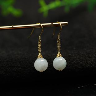 耳钩款 S925银镀金镶嵌白冰缅甸天然A货翡翠素面珠子耳坠 K427