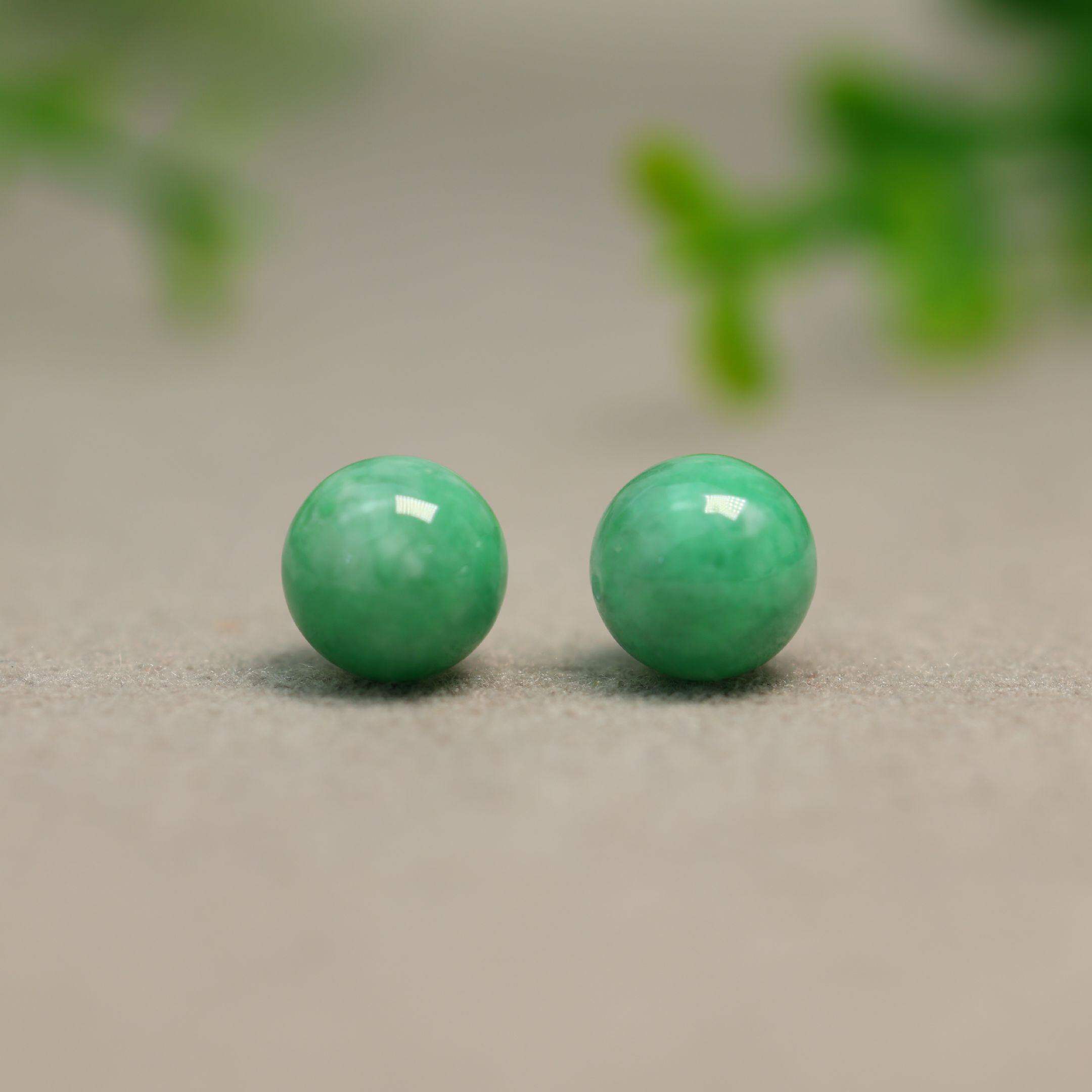 #K001一对满绿缅甸天然A货翡翠珠子10MM素面圆珠镶嵌耳坠裸石