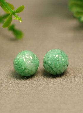 特价#E776一对12.7MM绿色天然A货翡翠团寿龙纹雕花圆珠子