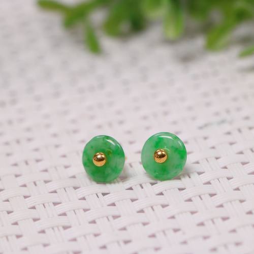 特价一对18k金镶嵌冰种阳绿天然A货翡翠平安扣耳钉耳饰 可出鉴定