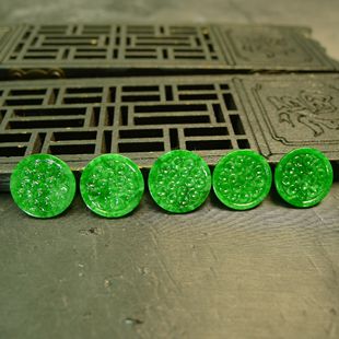 J534一套冰种满色辣绿缅甸天然A货翡翠圆形雕花戒面
