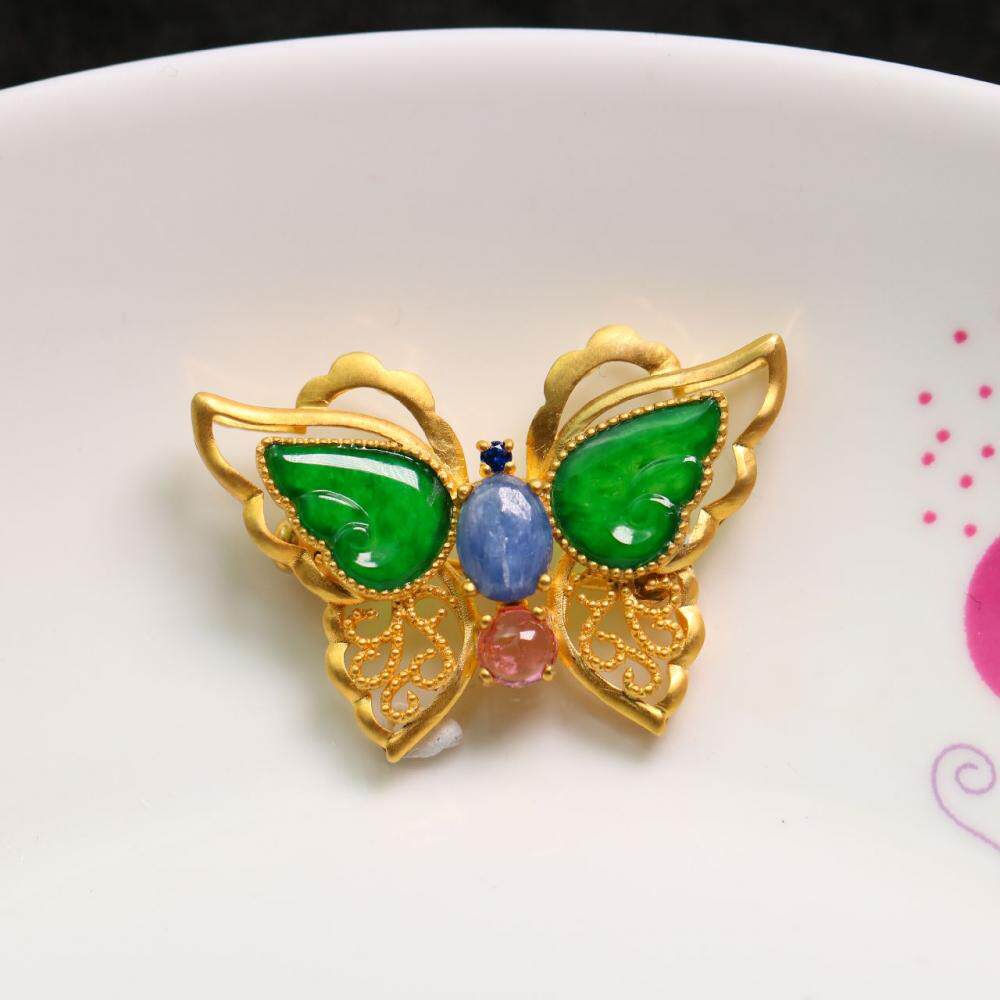 特价#1320银鎏金搭配蓝宝石碧玺镶嵌天然A货翡翠蝴蝶胸针吊坠二用