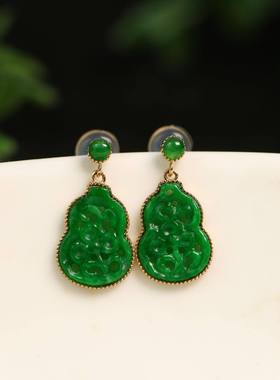 特价#B276一对18K金镶嵌冰种满绿天然A货翡翠镂空葫芦耳钉